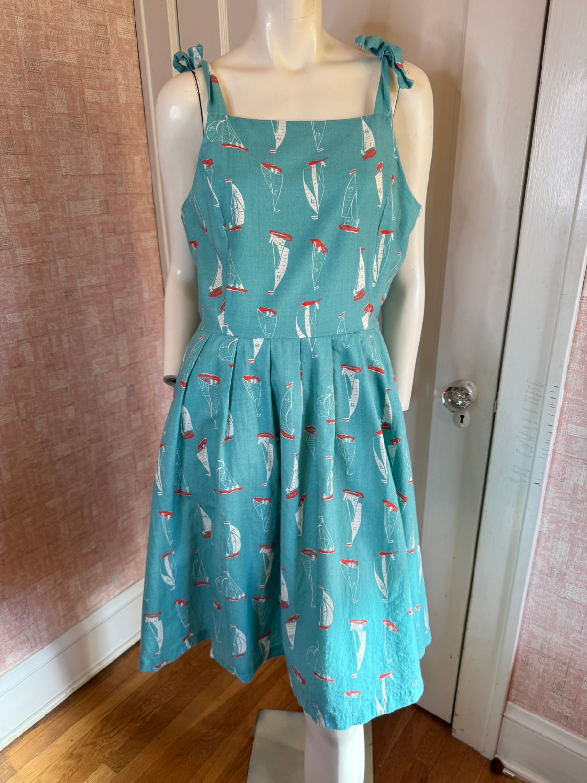 Knitted Dove Blue Retro Sailboat Print Dress sz L
