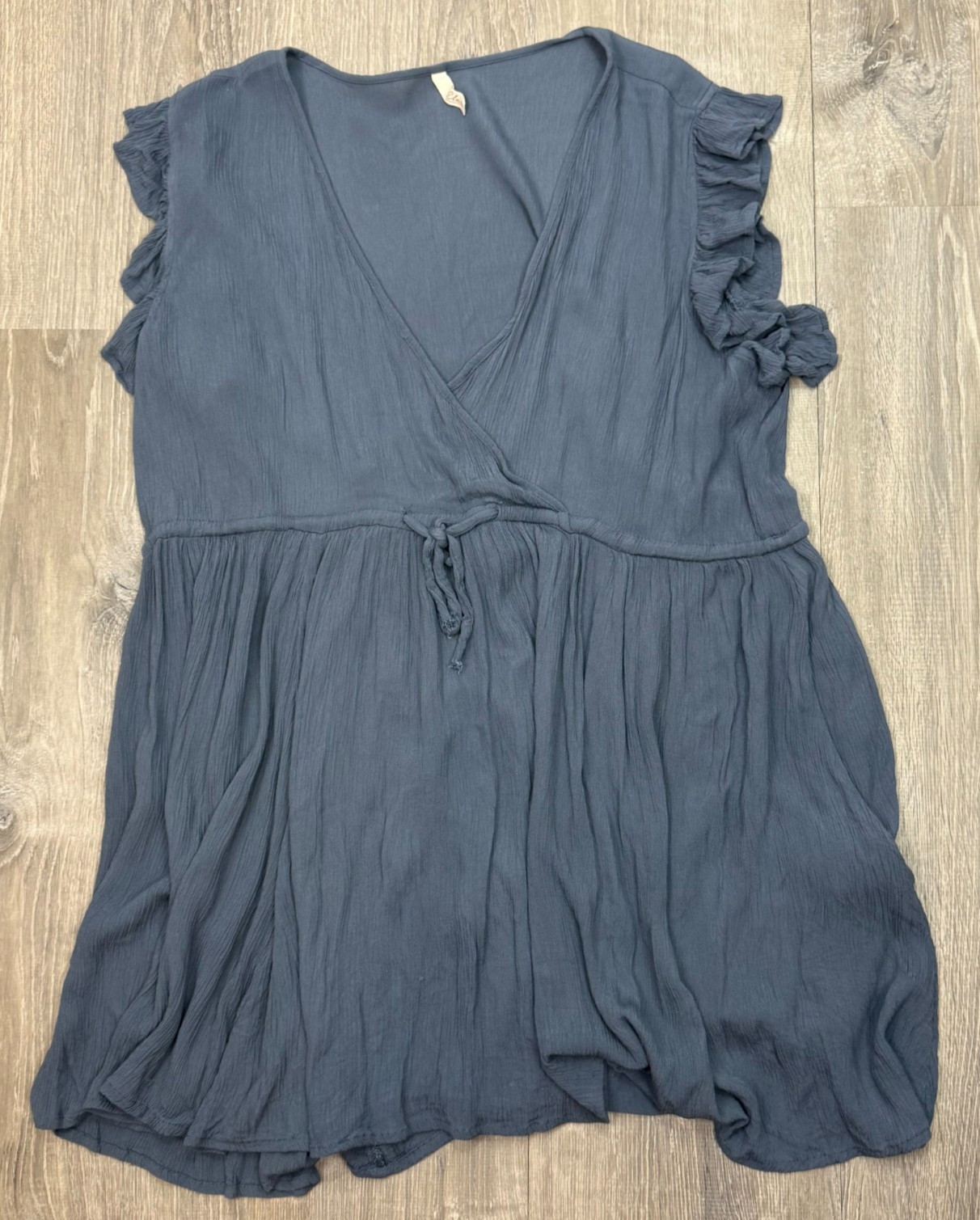 Elan Boho Ruffle Mini Dress XL Blue Crinkle Drawstring Coverup Cottagecore