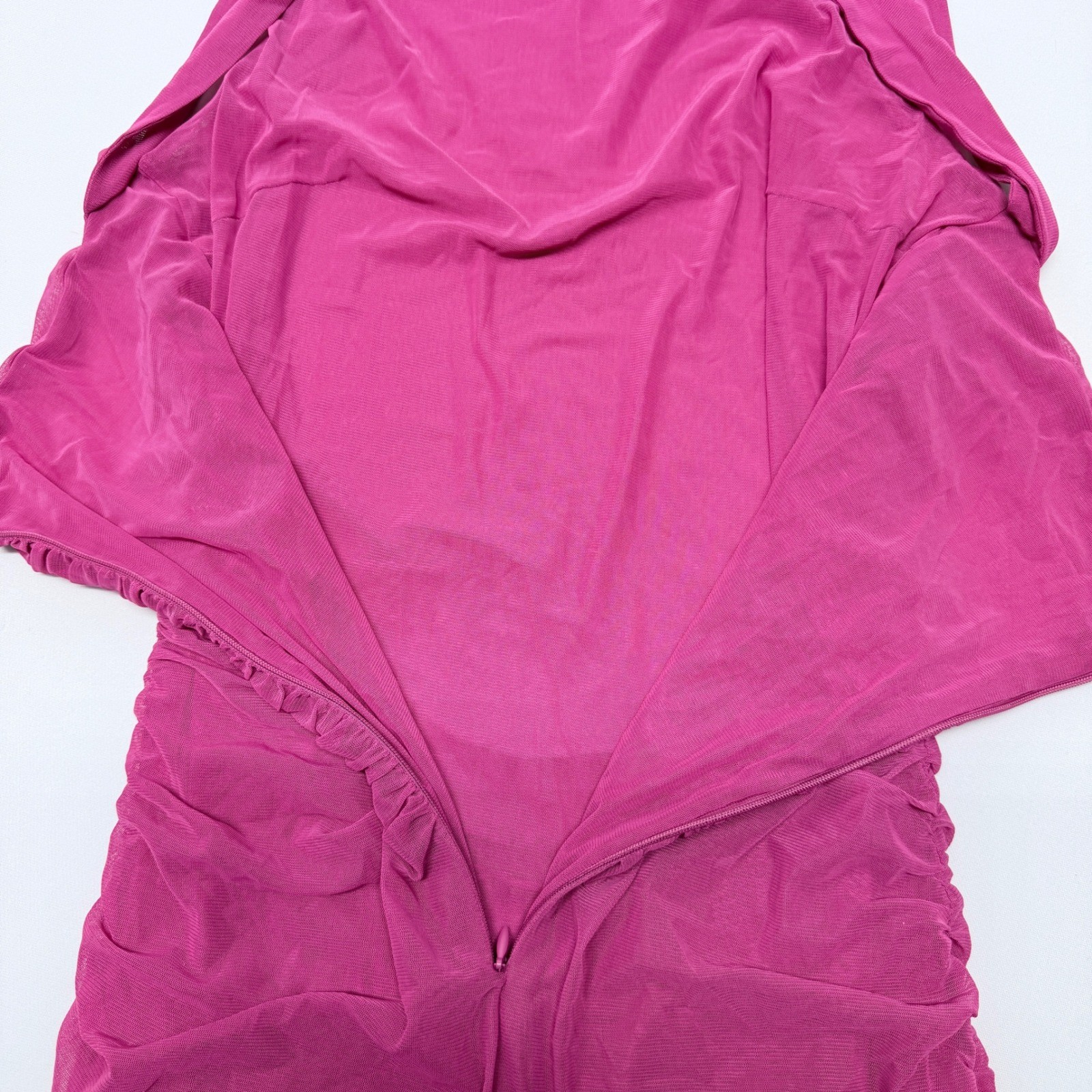 Sheseeworld Fuchsia Pink Ruched Mesh High Low Ruffle Bodycon Dress Large NEW