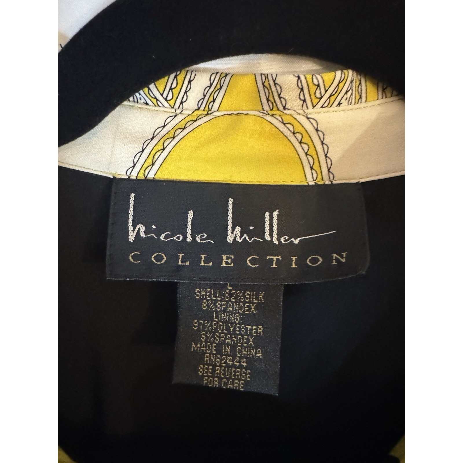 Nicole Miller Collection Yellow Silk Blend Geometric Print Button Front Dress L