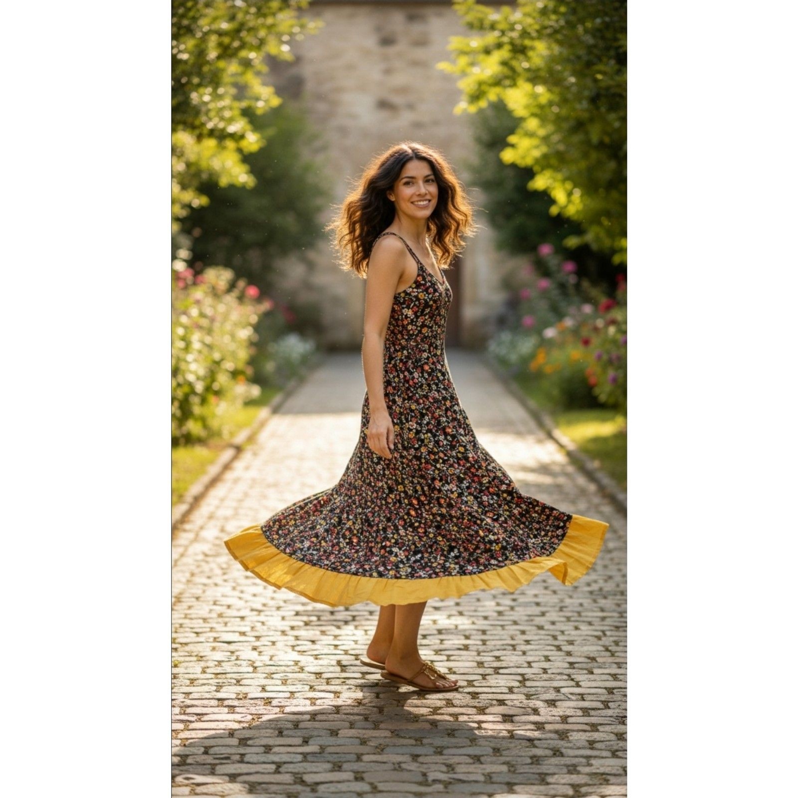 Noflik Floral Maxi Dress Pockets Boho Black Yellow Spaghetti Strap Women’s