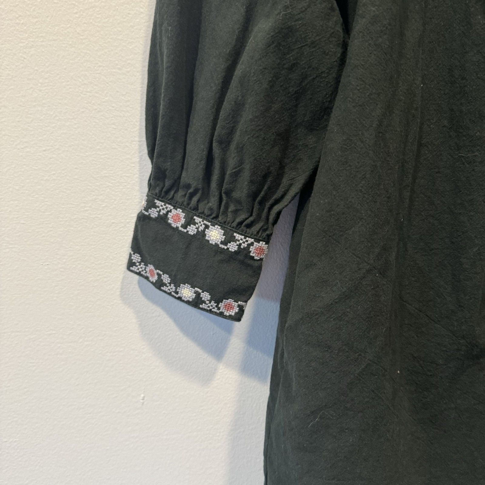 Madewell Embroidered Bib Ruffle Mini Dress Women XS Black Cotton Floral Cottage