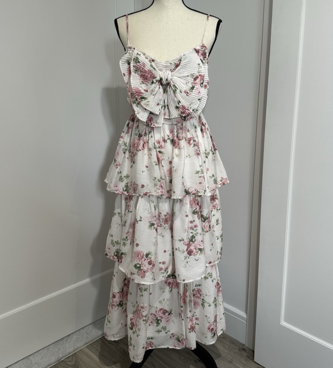 By The River Floral Maxi Dress Womens L Tiered Cottagecore Boho Pink NWT