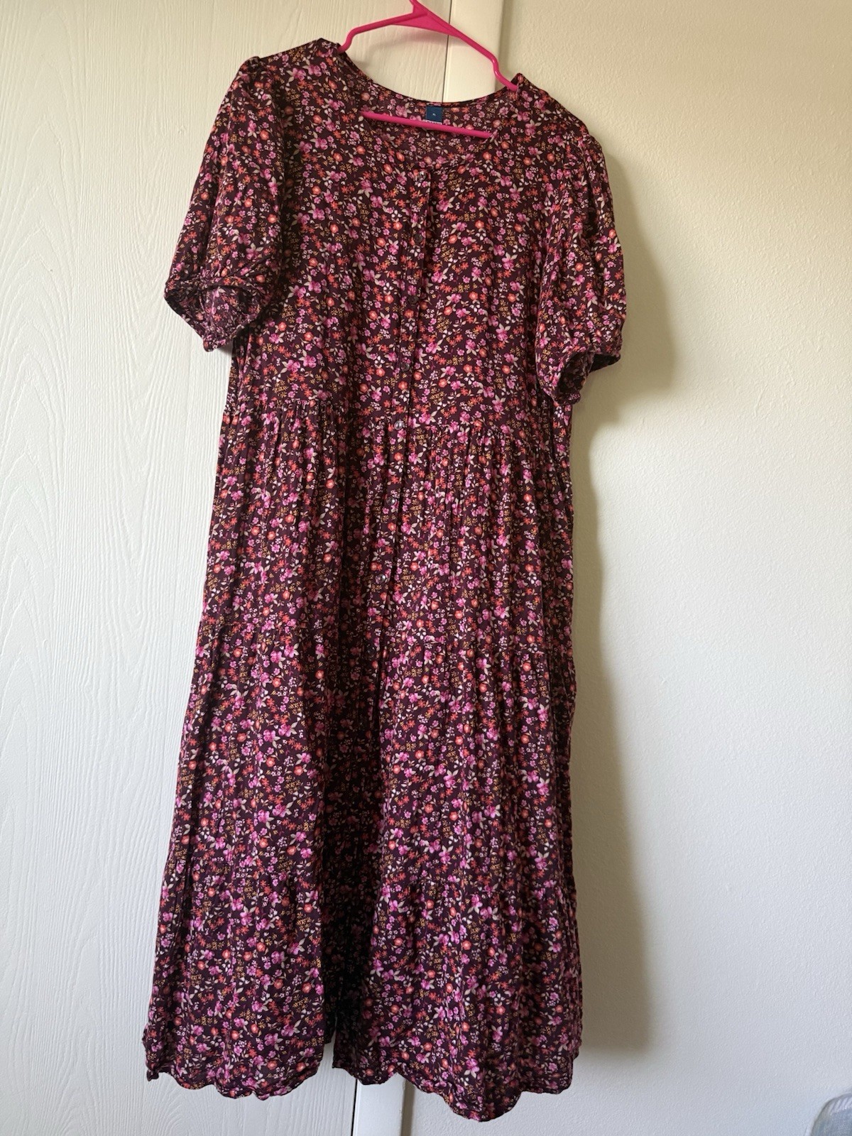 Old Navy Burgundy Floral Round Neck Puff Short Sleeve Button Front Midi XL