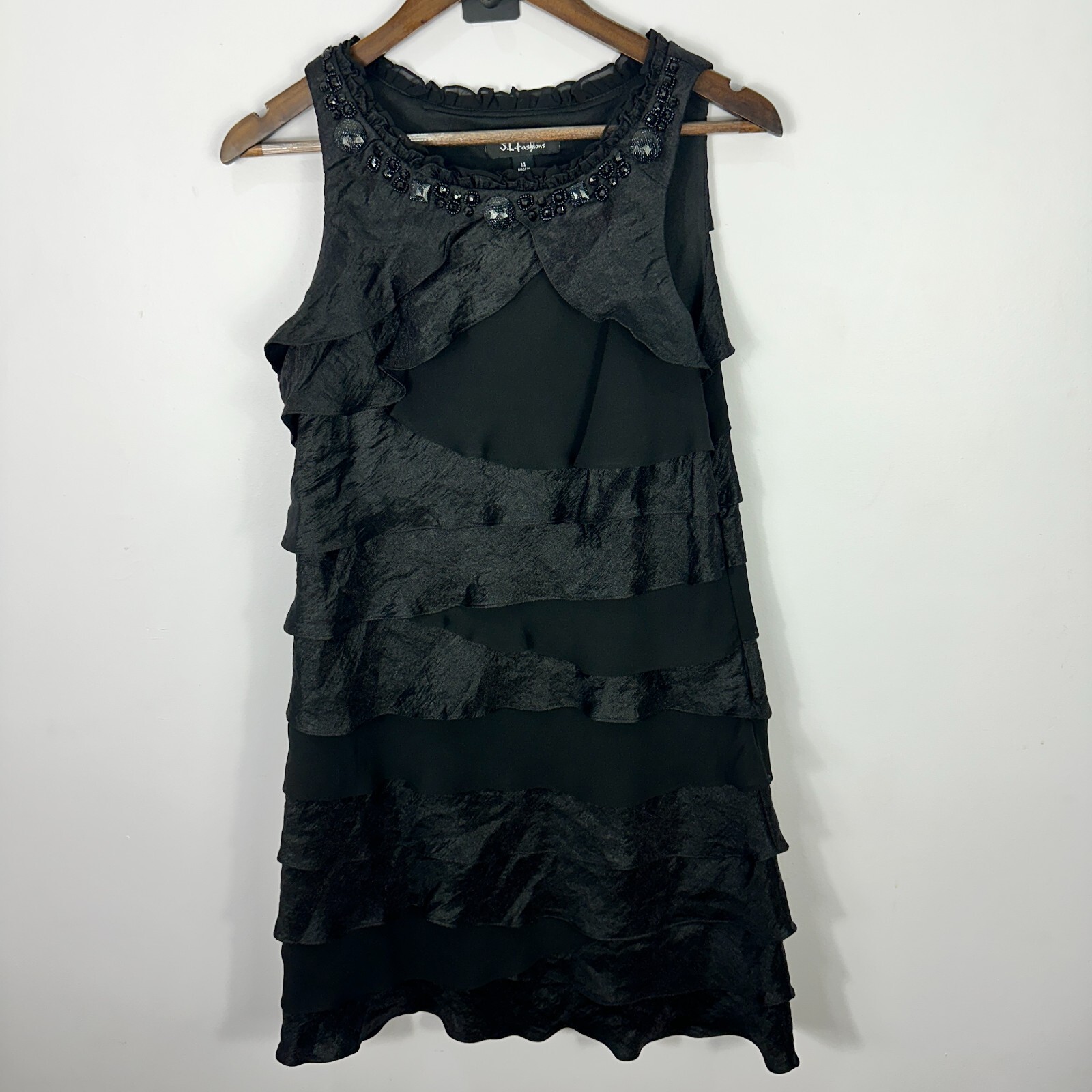 S.L. Fashions Black Tiered Ruffle Beaded Dress Women 14 Vtg Glam Romantic Party