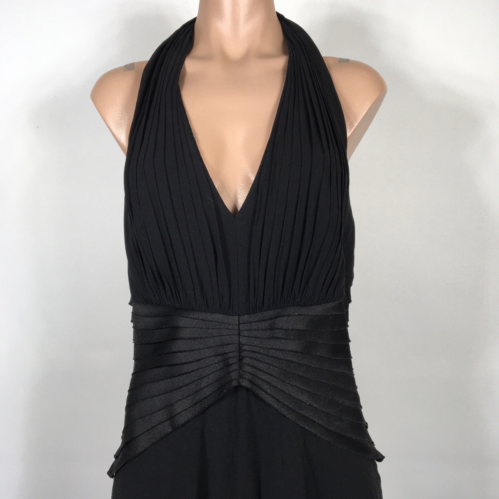 Silk Dress Tadashi Collection Black Pleated Halter Flare Cocktail Sz L 12 Formal