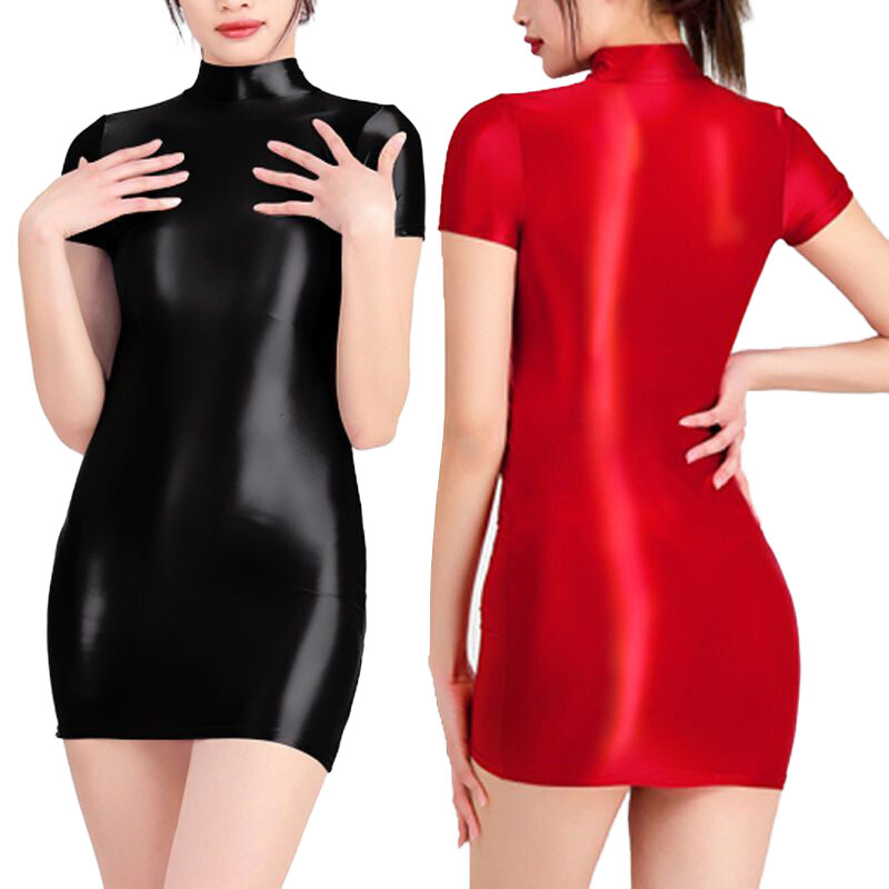 Womens Stretch Wet Look Satin Bodycon Short Sleeve Cocktail Dress Shiny Clubwear