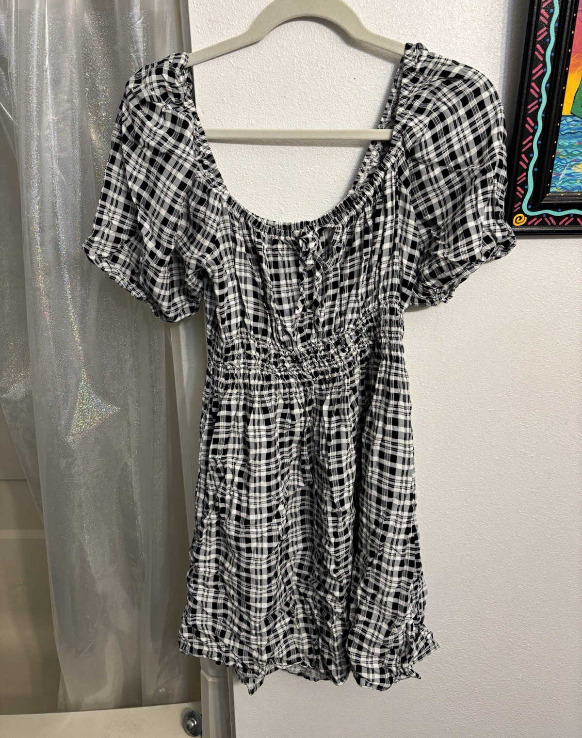FAITHFULL THE BRAND Black White Plaid Mini Dress Scoop Neck Smocked XL