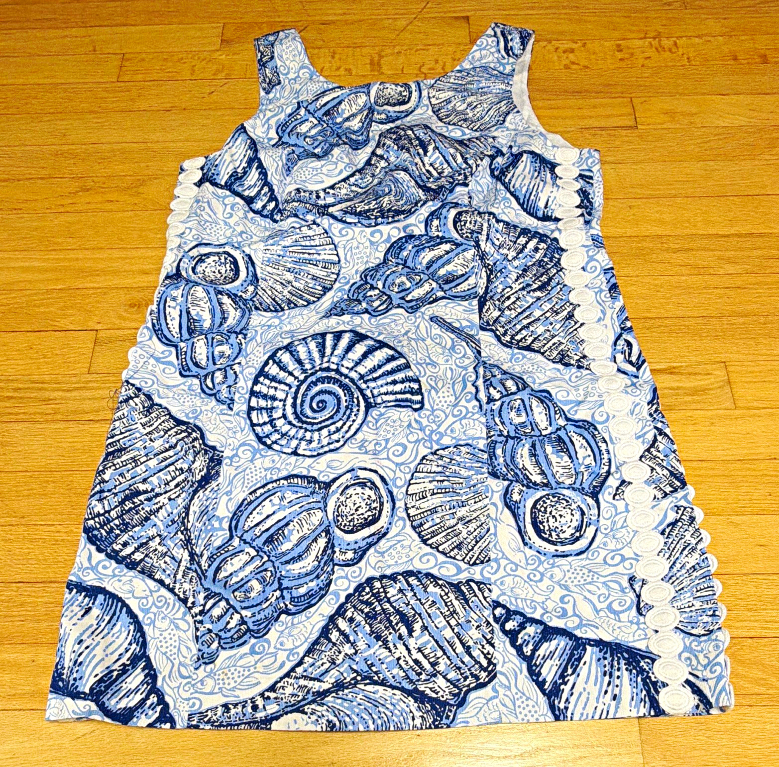 Lilly Pulitzer Blue White Seashell Print Sheath Dress Sleeveless Zip Cotton 16