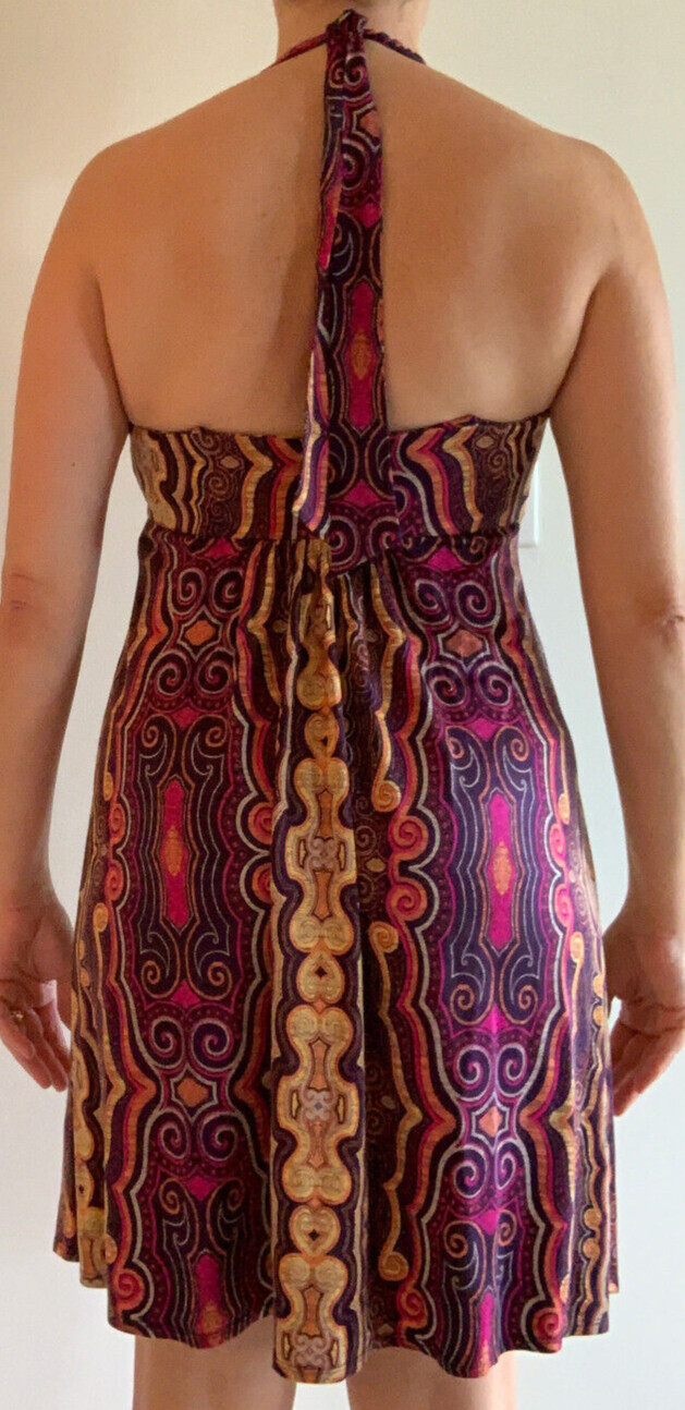 100% Silk U.S. Size 4 Laundry Shelli Segal Multicolor Halter Dress +$235 tag