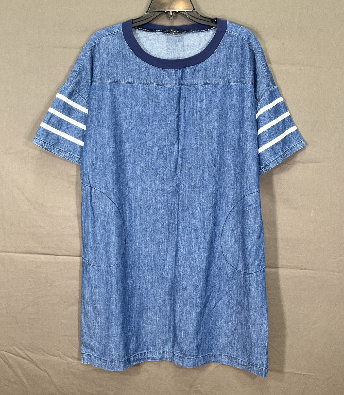 LUMIERE Chambray Blue COTTON DENIM Striped Sleeve POCKETS Casual SHIFT DRESS L