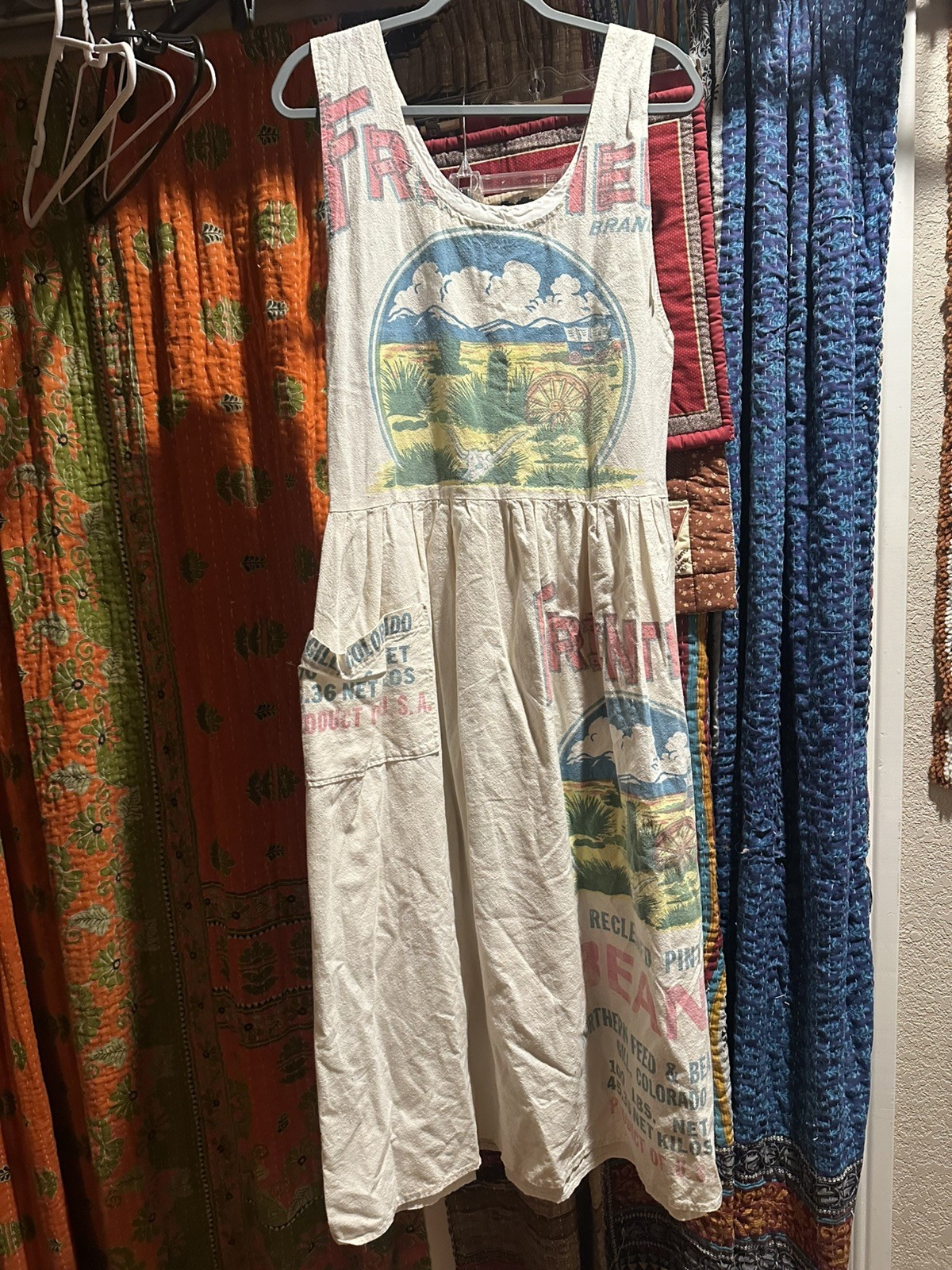 Vintage Frontier Recleaned pinto beansHand Made Flour Sack Dress Cream, m/l