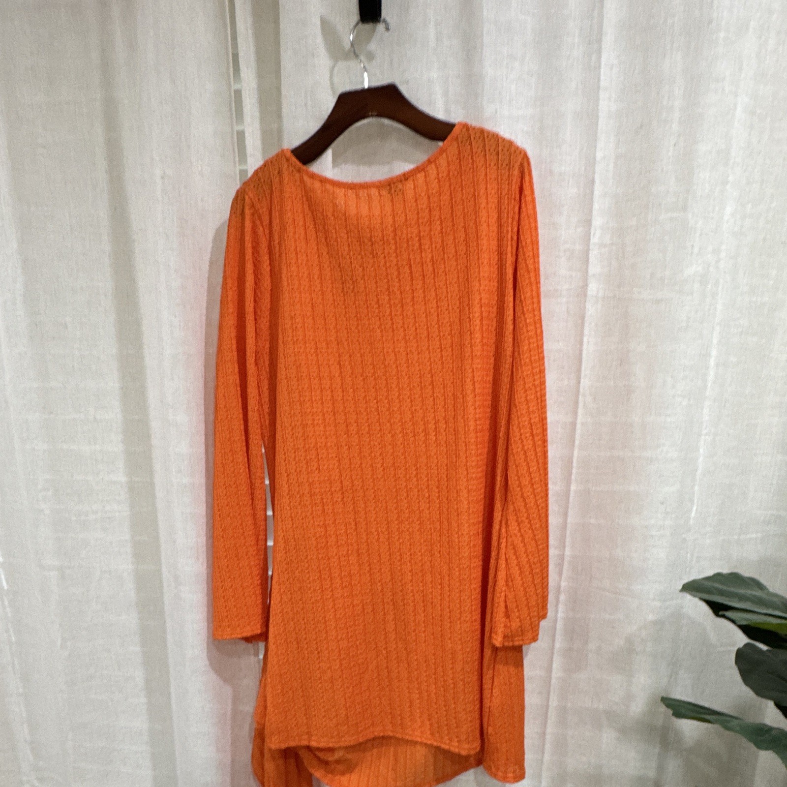 Boohoo Women’s Orange Solid Shift Midi Dress Long Sleeve Round Neck Knit US 20