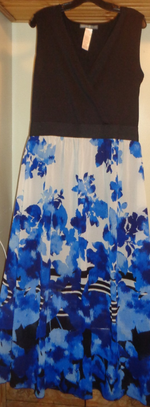SIGNATURE COLLECTIONS BLACK/BLUE FLORAL JERSEY/ CHIFFON MAXI DRESS NEW SZ L
