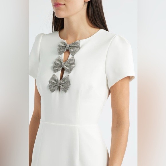 New Sam Edelman Rhinestone Bow Detail Satin Dress White Mini Short Sleeve Sz 8