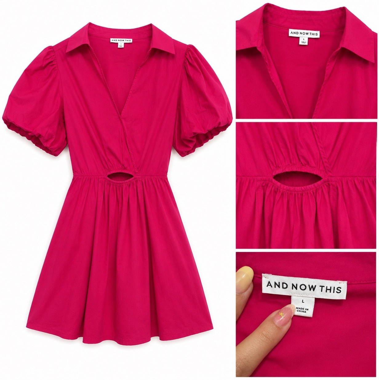 AND NOW THIS Pink Solid A-Line Short Dress Collared Puff Sleeve Cut-Out Ruched L