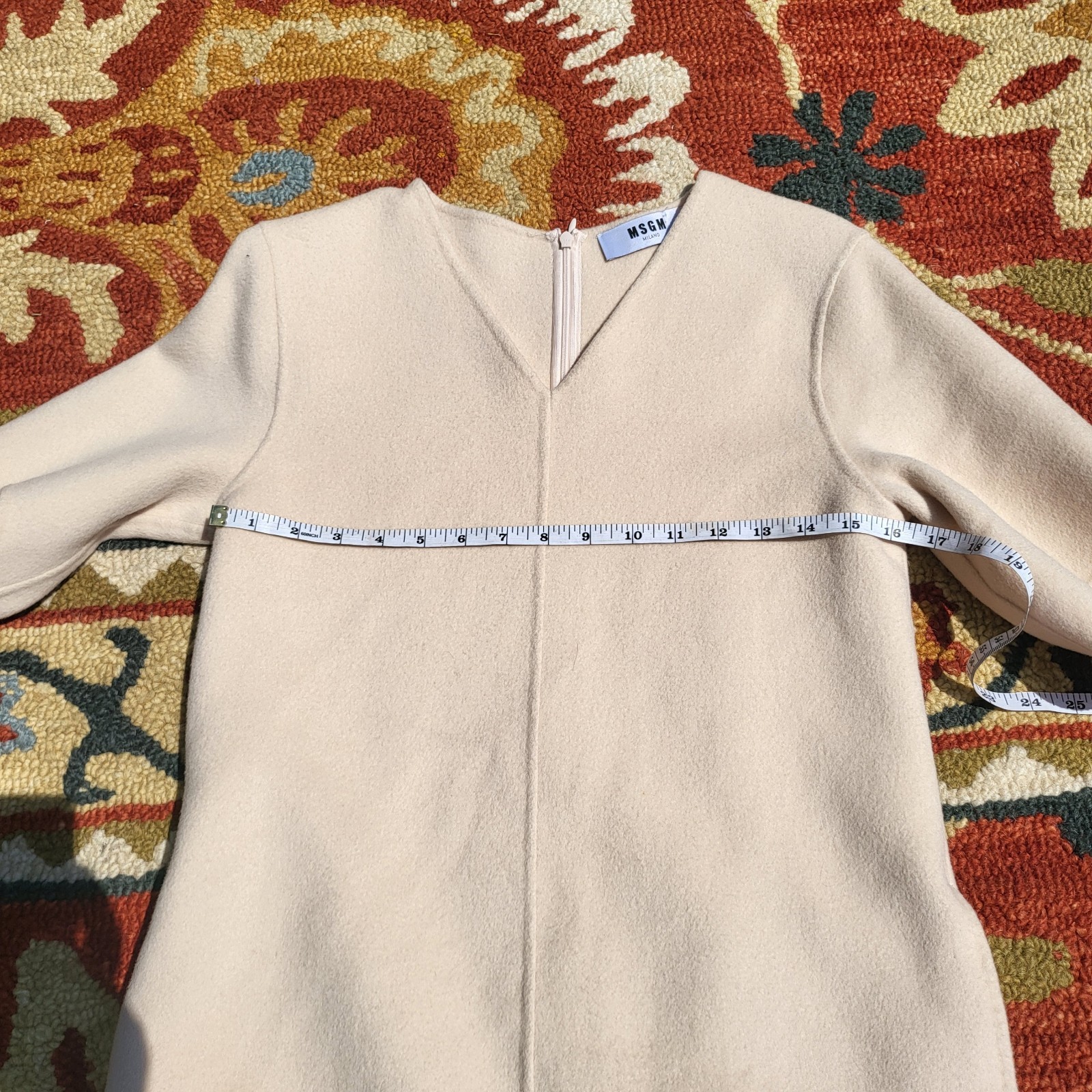 MSGM Beige Cashmere Wool Knit V-Neck 3/4 Sleeve Sheath Zip Back Dress 34