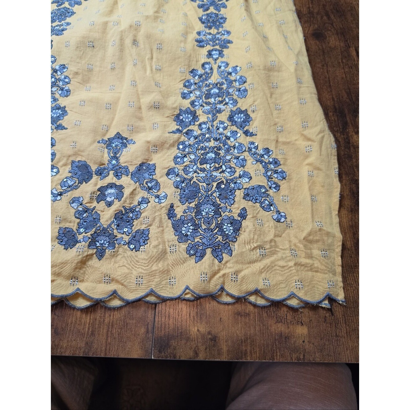 SUNDANCE | Mustard Grey Embroidered Sequin Lined Boho Scalloped Pocket Dress | L