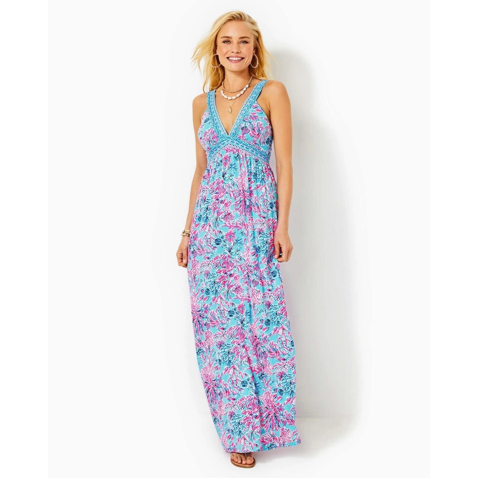 Lilly Pulitzer Serena Maxi Dress V-Neck Blue Floral Seek and Sea Women Sz 14