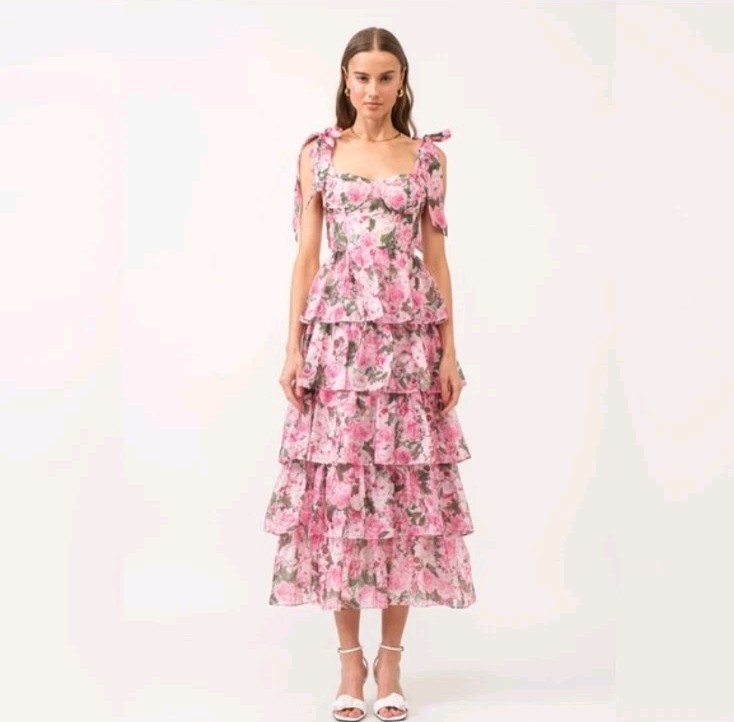 Sofie The Label Floral Tie Strapp Shoulder Tiered Floral Mididress Sz. S