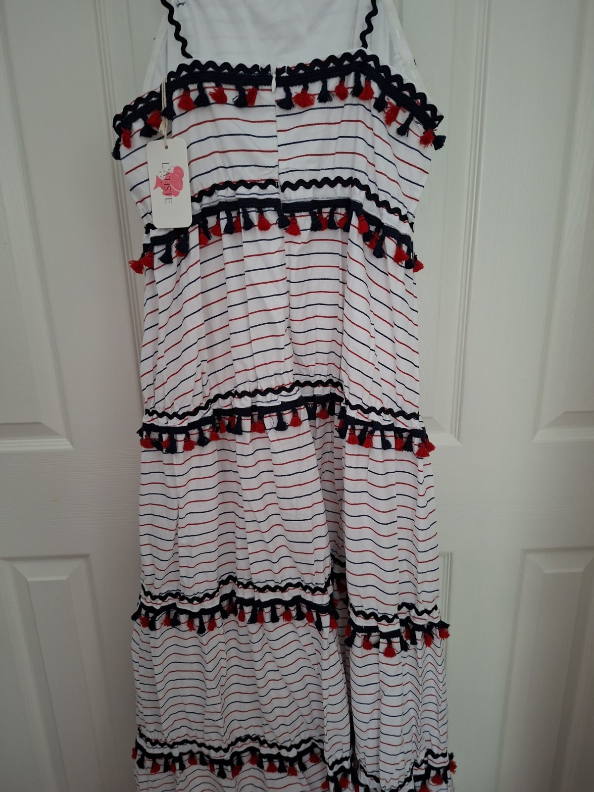 New L’ATISTE Boho Tiered White Blue Red Cotton Maxi Dress Size Medium or Large