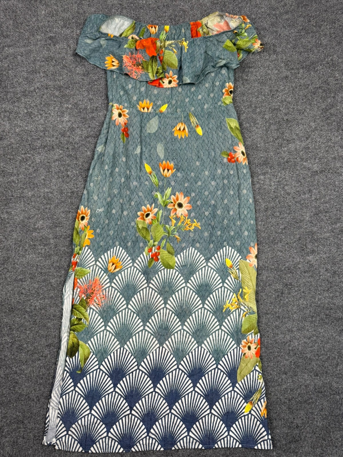 Pena Feito No Brasil Women’s Floral Maxi Dress Size P Small Ruffle Slit
