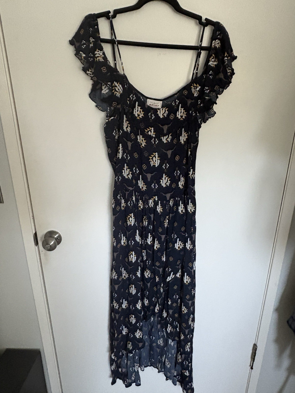 Ariat Western Rodeo Midi Dress Ruffle Hem Peasant Cowgirl Size 12 Blue