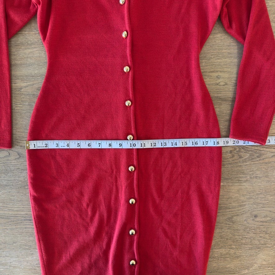 VTG Adele Joyce Wool Blend Fitted Knit Button Up Dress-Red W/ Gold Buttons-Sz M