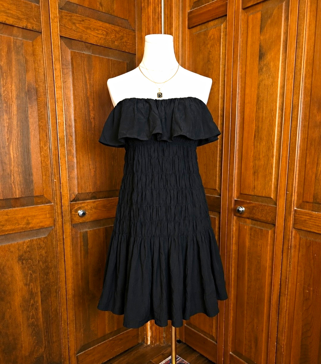 Future Collective Black Strapless Off Shoulder Smocked Ruffle Mini Dress M