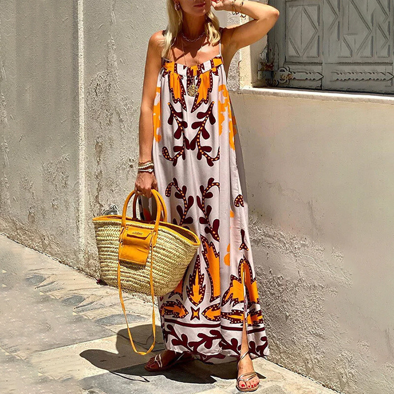 Spring Women’s New Style Elegant High Waist Printed Strap Casual Fashion Dress