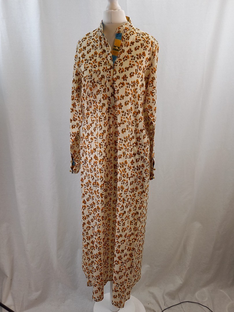 Lisa Corti Maxi Dress Size S Kaftan Animal Print Cotton Button Neck