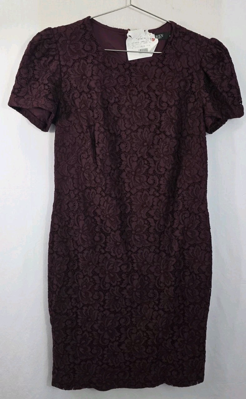 NWT Ralph Lauren Black Label Sheath Dress S 8 Floral Lace Wine Cocktail Formal