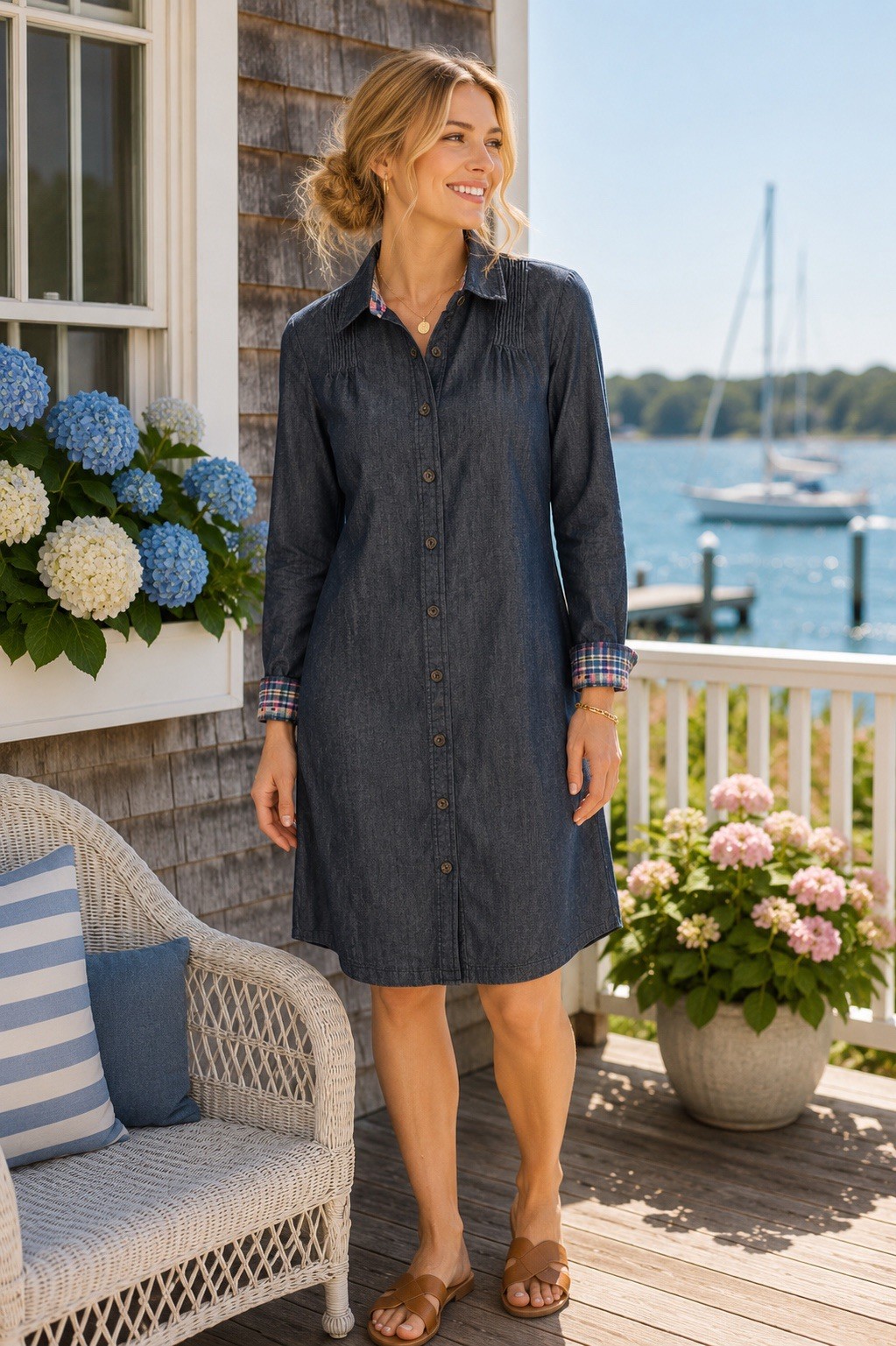 Boden Denim Shirt Dress Dark Wash Button Front Plaid Trim WH894 US 10L UK 14L