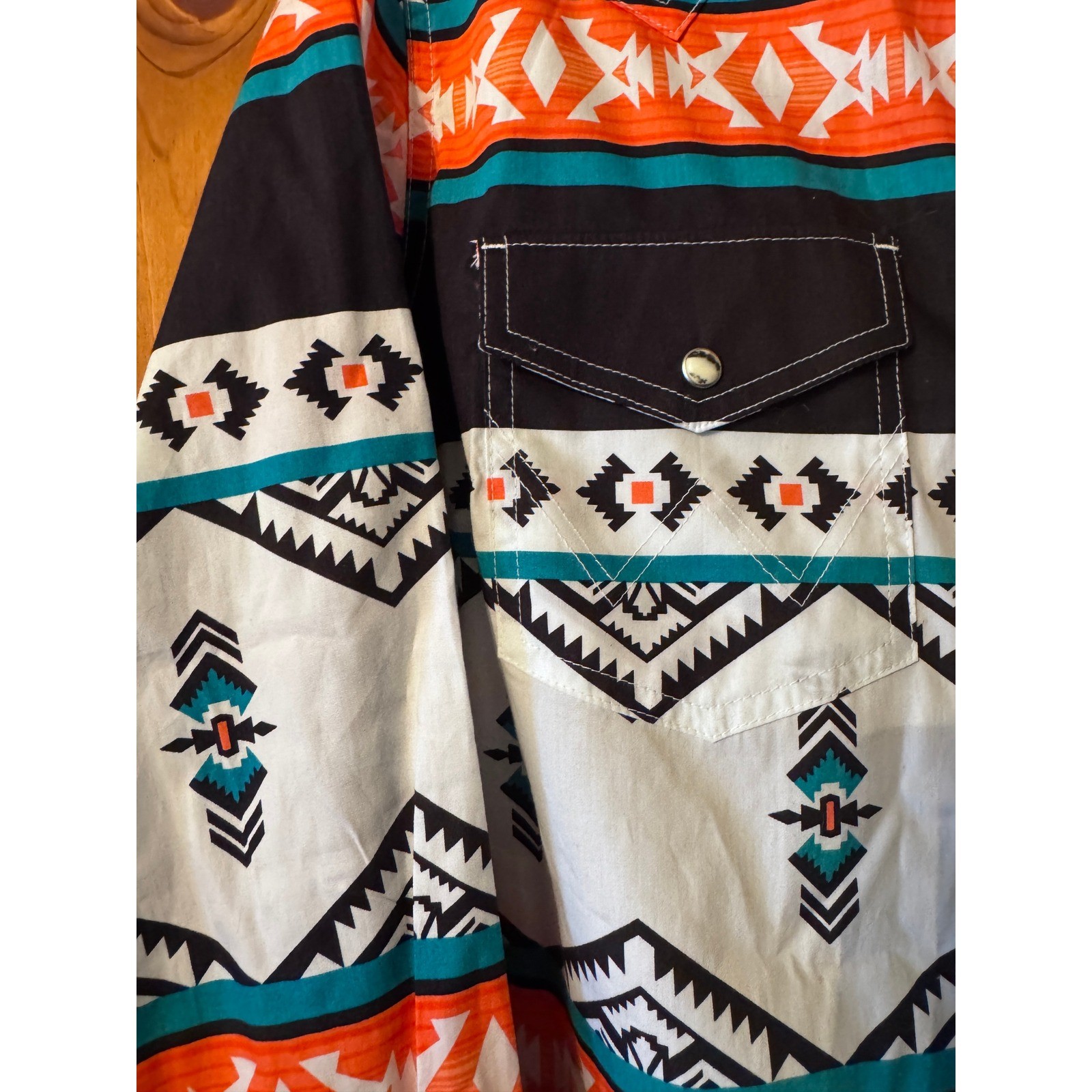 Wrangler Retro Southwestern Snap Front Western Shirt Dress Orange Teal L