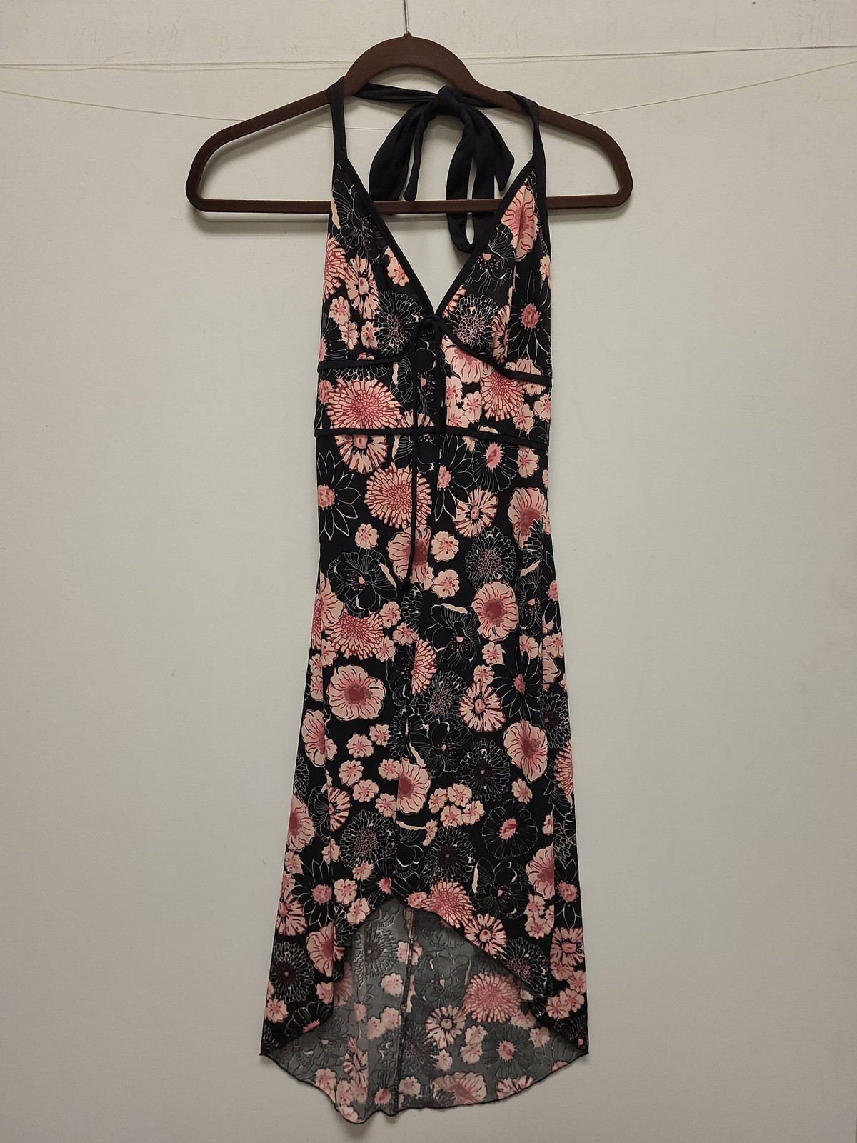 Hourglass Women’s Large Pink Black Floral Halter High Low Hem Dress Stretch Tie