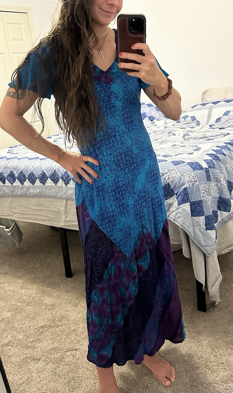 Vintage Carole Little Patchwork Maxi Dress Size 10 Blue Purple Short Sleeve Boho
