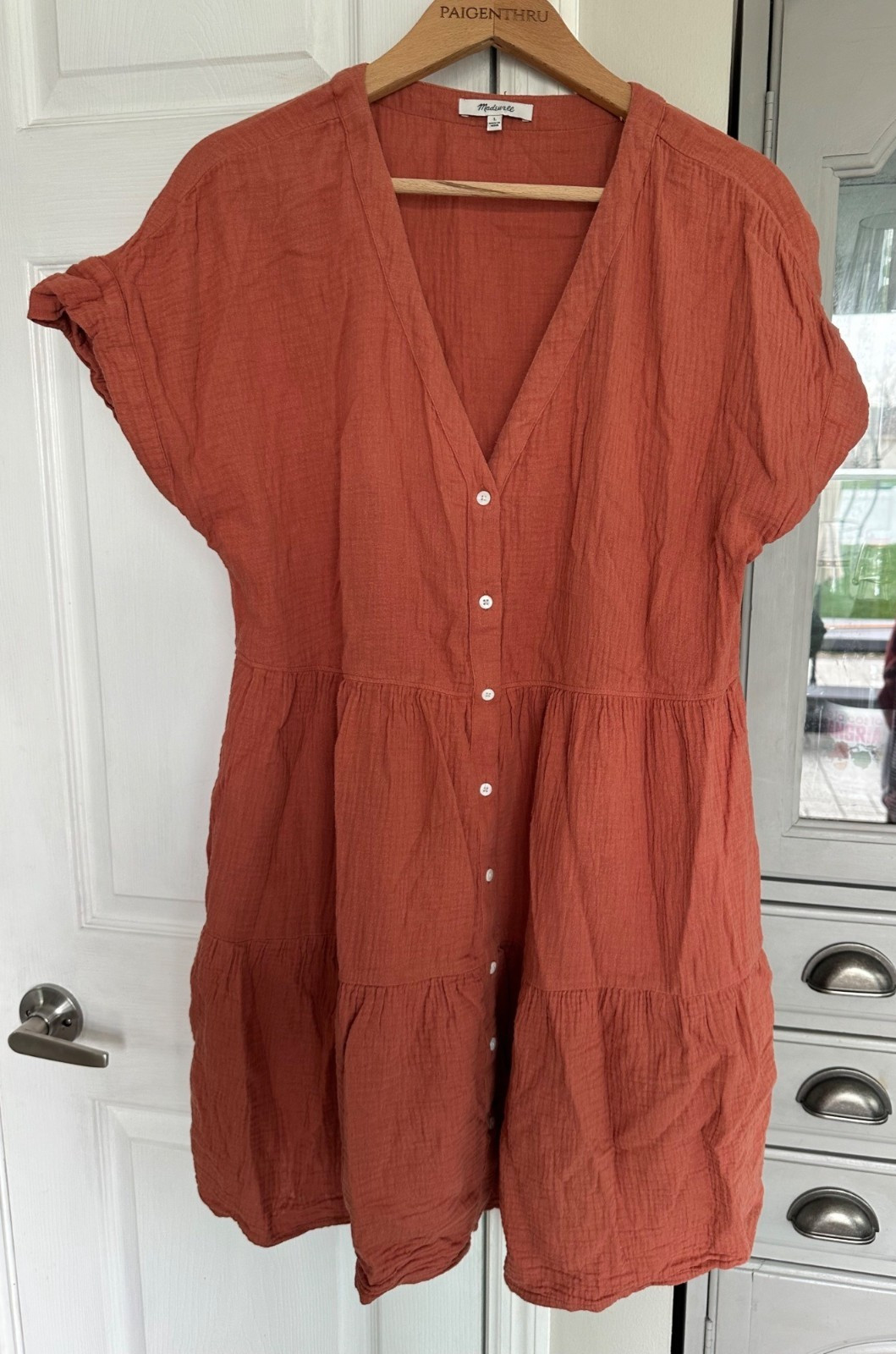 Madewell LG Orange Lightspun Cuff-Sleeve Button-Front Tiered Gauzy Mini Dress