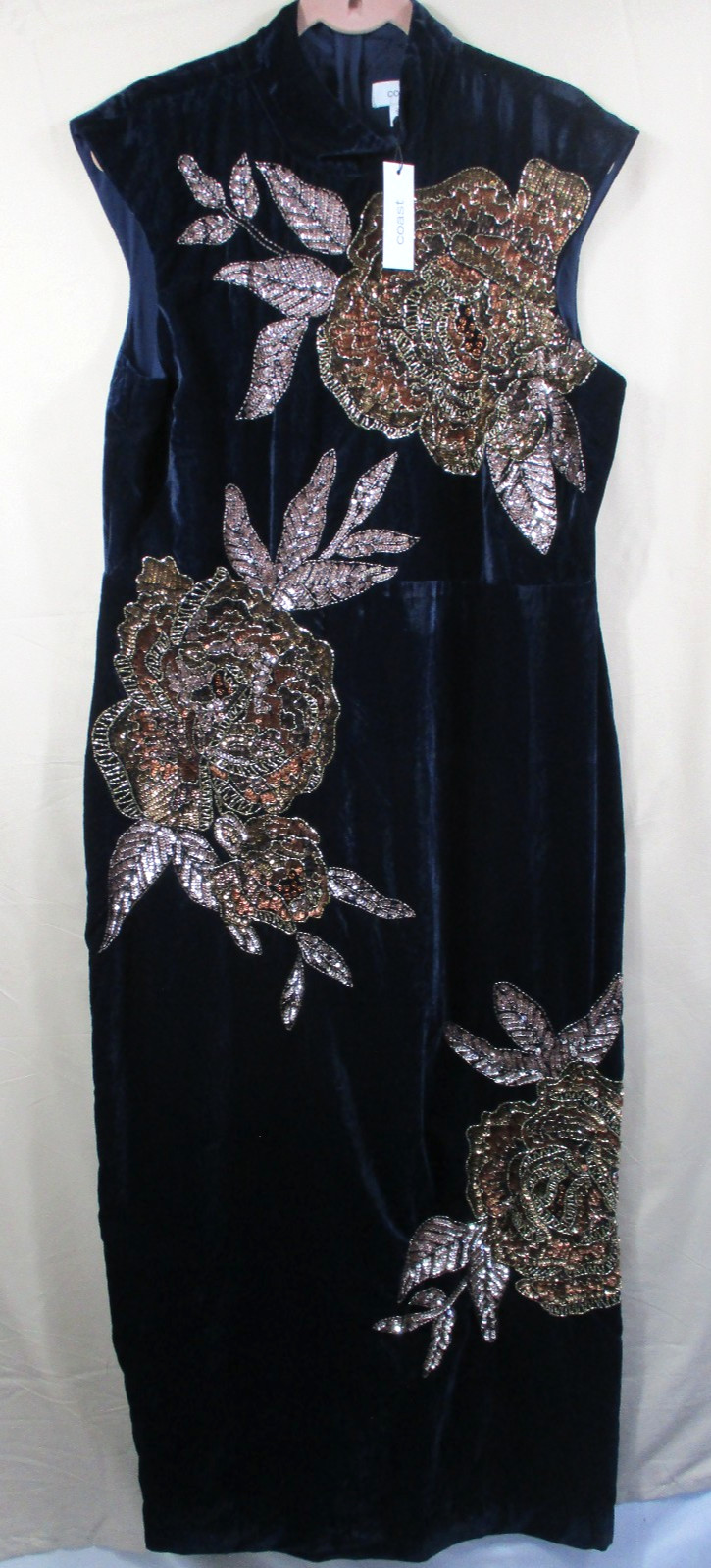 -NWT Coast Large Scale Embellished Floral Velvet Midi Dress Sequin Navy Sz 14