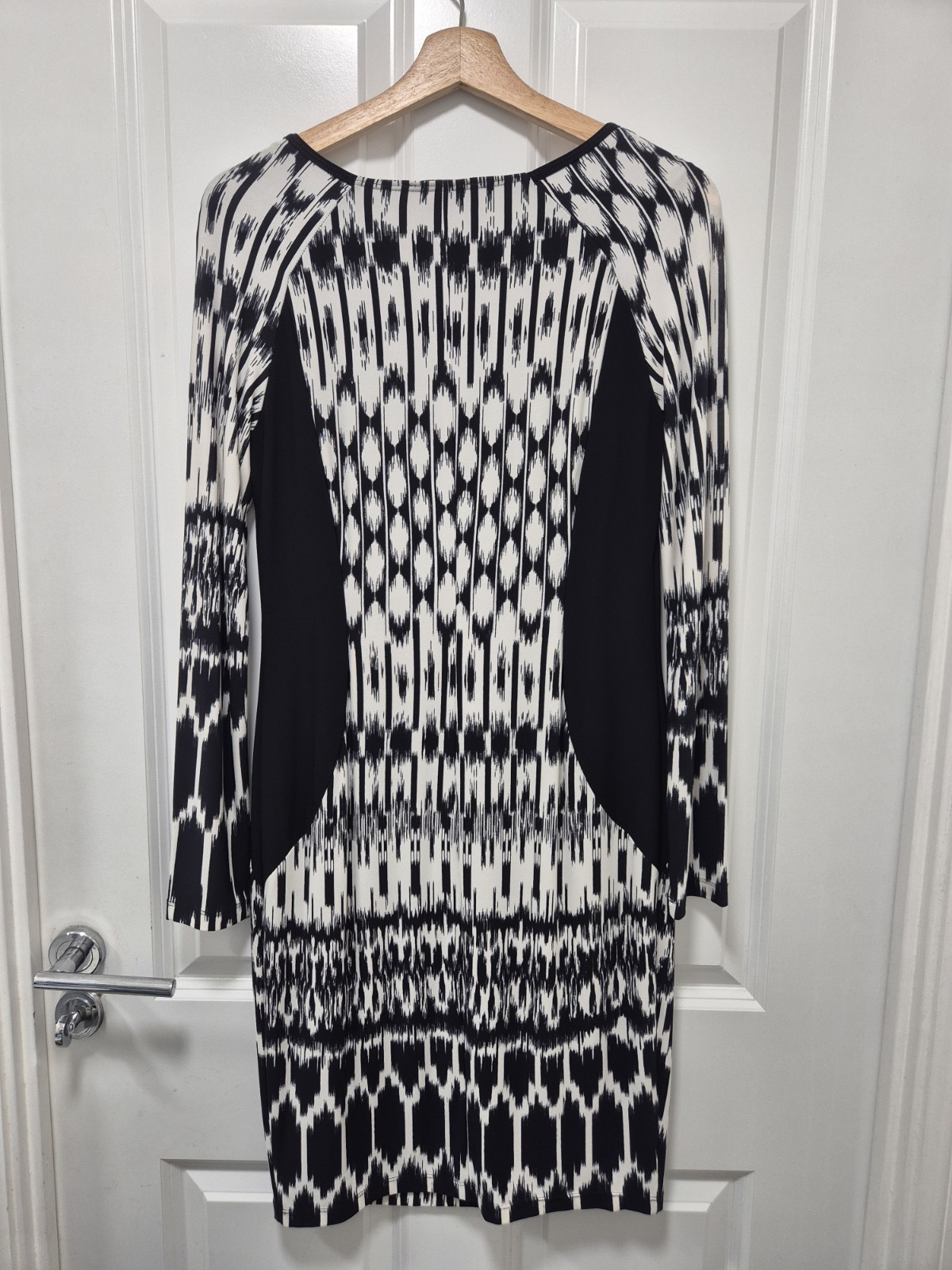 Picadilly Black White Geometric Bodycon Dress UK 8 10 Long Sleeve Stretch