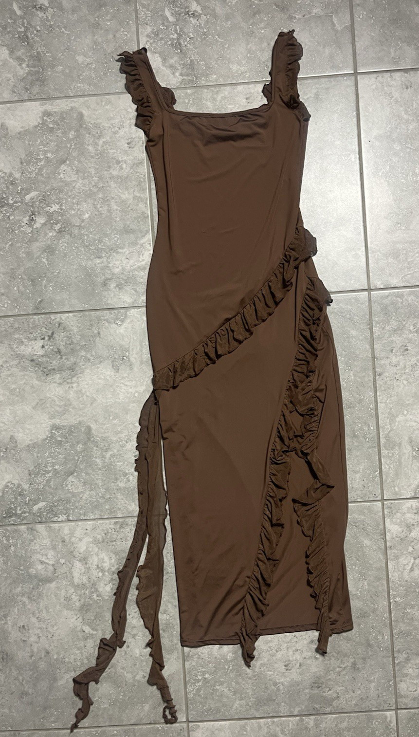 Adele Berto Ruffle Bodycon Maxi Sleeveless Jersey Stretch Dress Slit Fairy sz 2