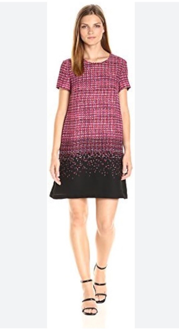 CeCe Women’s Pullover Short Sleeve Black Faux Tweed Multicolor Ombre Shift SZ 4