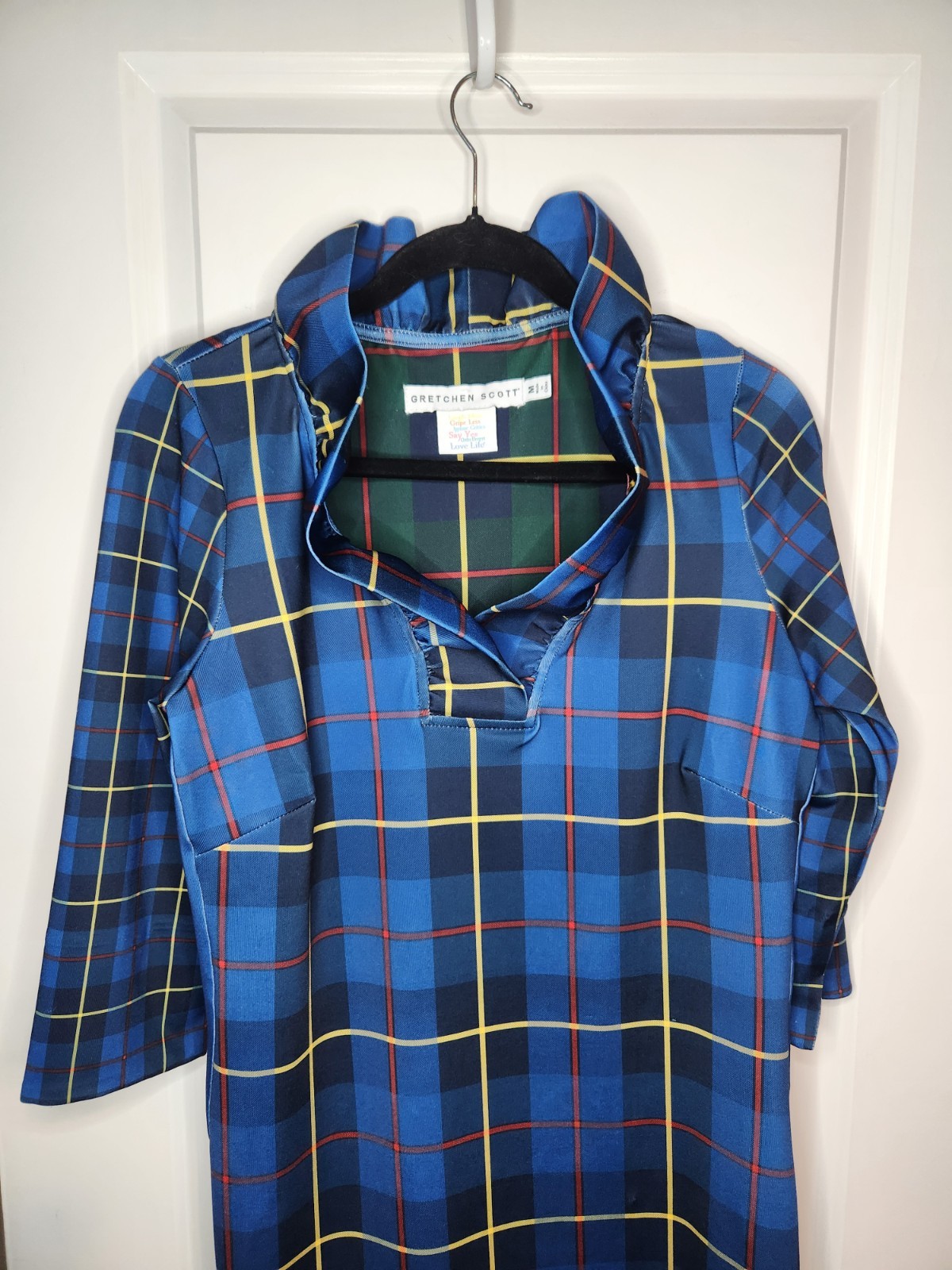 Gretchen Scott Dress M Navy Plaid Comfy Jersey Knit Ruffleneck Dress 3/4 Sleeves