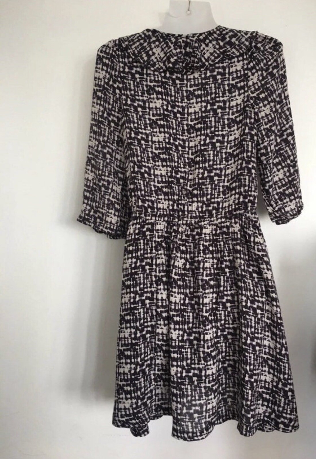 Louche white & indigo blue floaty tea dress boho tie dye print ruffled S uk 8