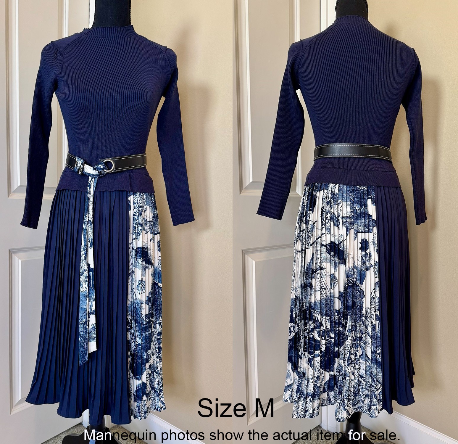 NWT Navy Ribbed Knit Top Pleated Skirt Dress Belted Size M