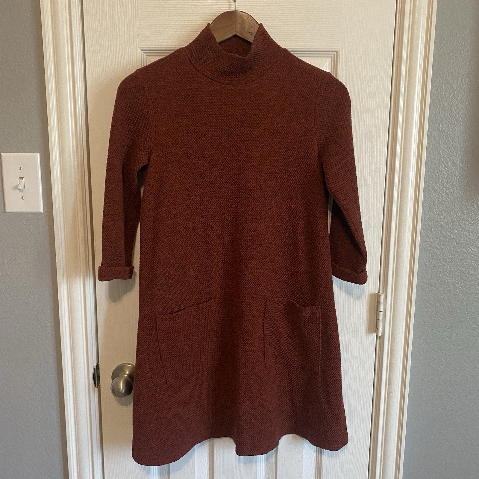 Everly Sweater Dress Women’s Medium Red Pockets Cuff Sleeve A Line Mock Neck