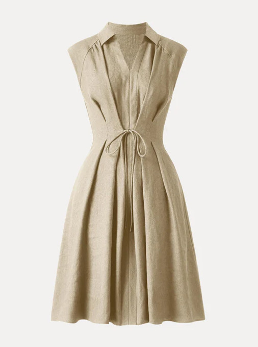 OGL Viscose-Linen Collared V-neck Midi Dress with Drawstring Pick Color/Size NWT