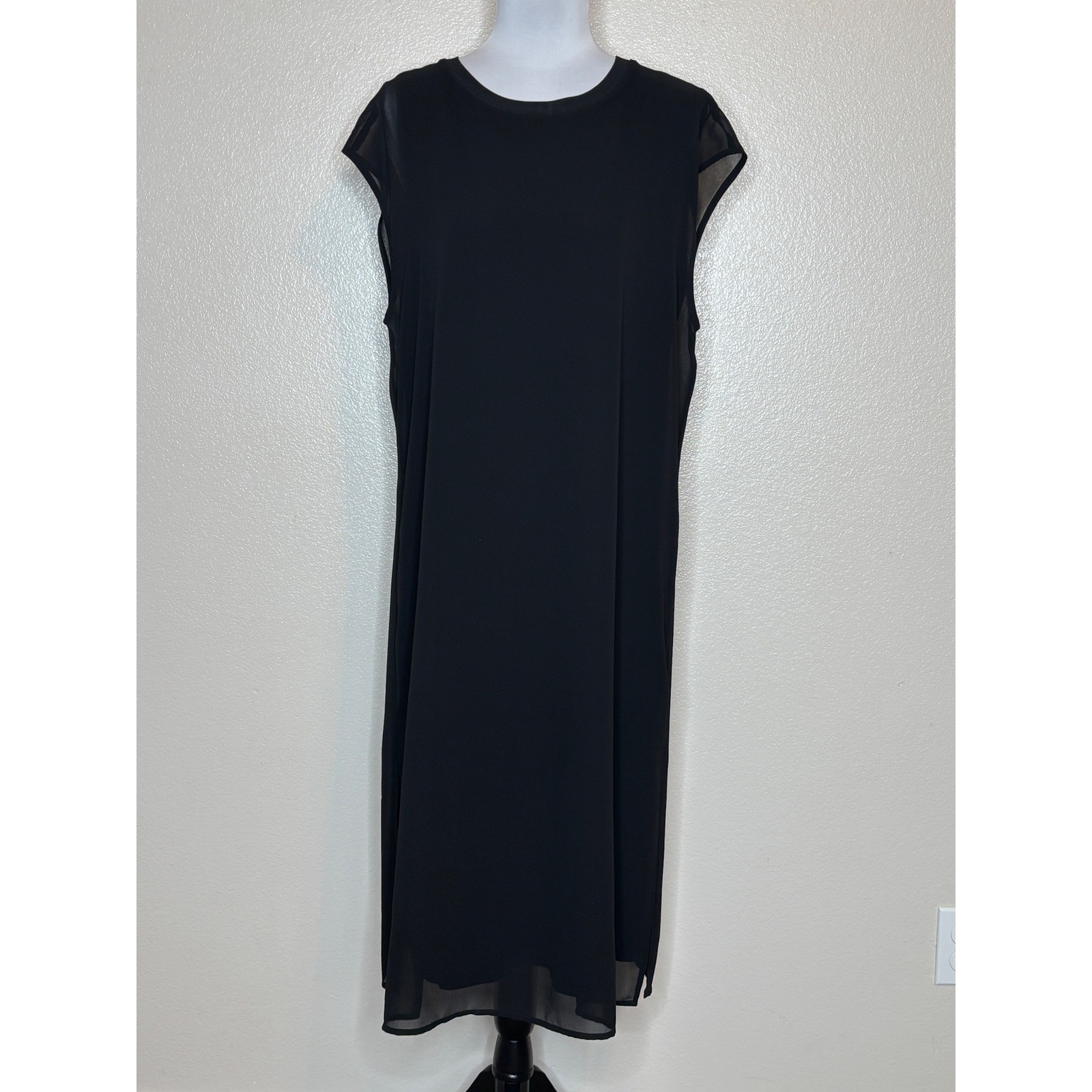 John Lewis & Partners Black Sheer Overlay Shift Midi Dress Size 14