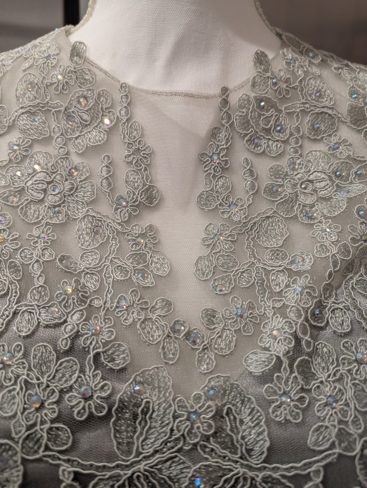 May Queen Size 12 Gray Beaded Embroidered Tulle V-Neck A-Line Knee Dress