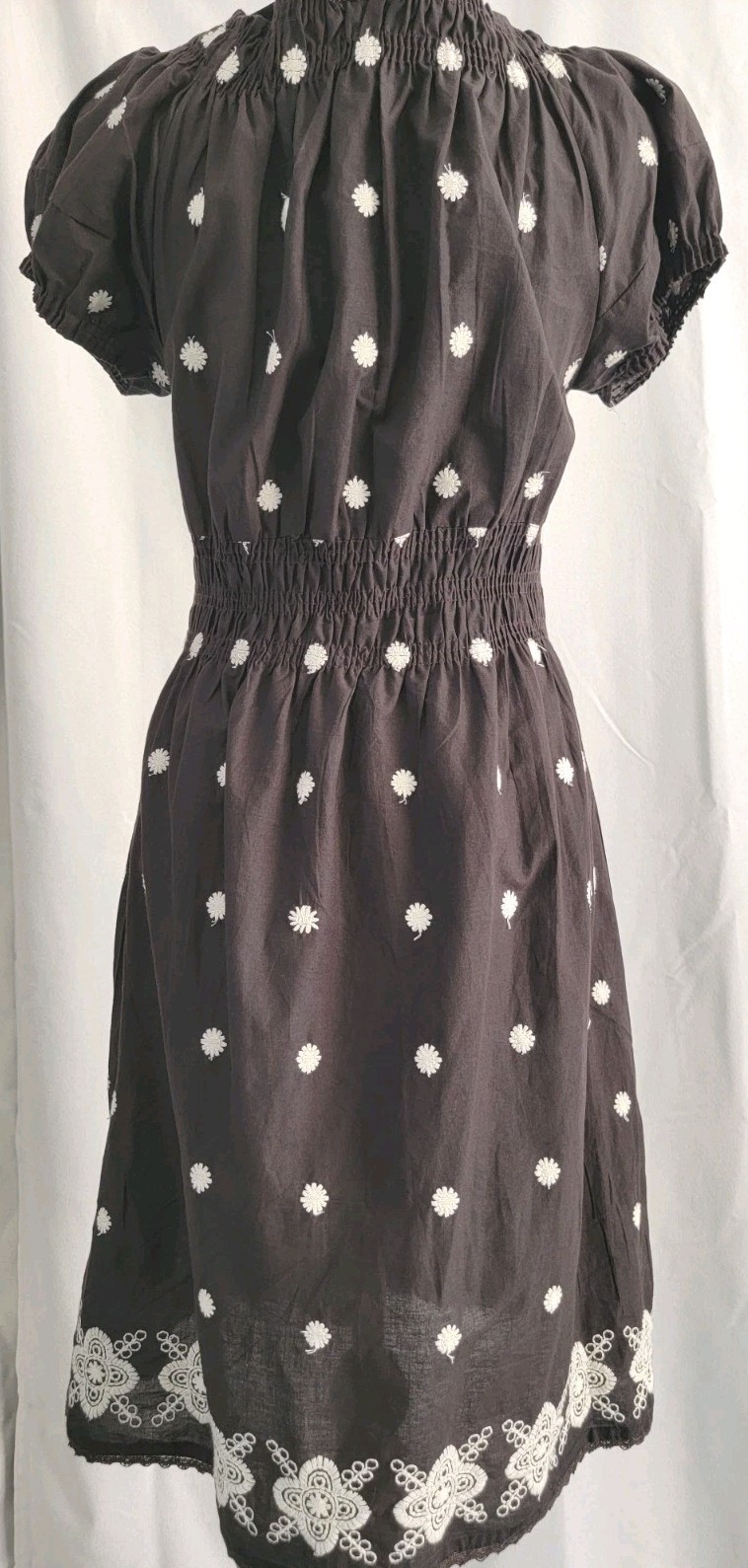 Cute Options Brown Boho Peasant Dress Women’s L White Embroidered Puff Sleeve Y2