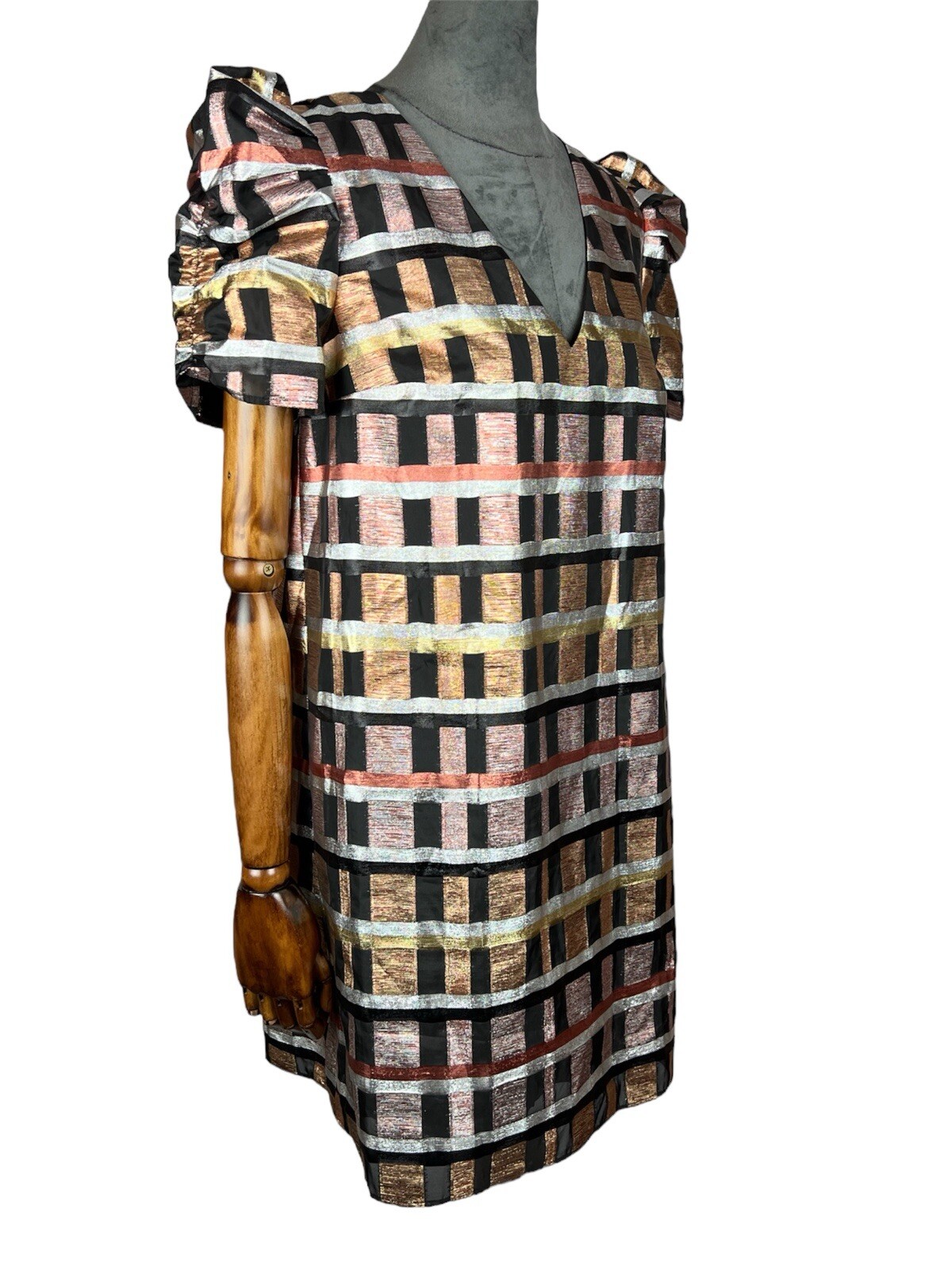 Chic Geometric Print Dress with Metallic Fibers, Lantern Sleeves, Eu38/M